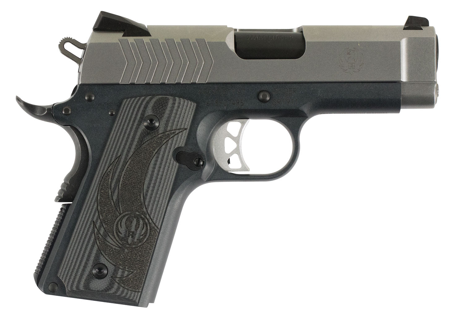 Ruger 6758 SR1911 Officer-Style 9mm Luger 7+1 3.60" Black Steel Barrel, Serrated Stainless Steel Slide, Tungsten Gray Ce