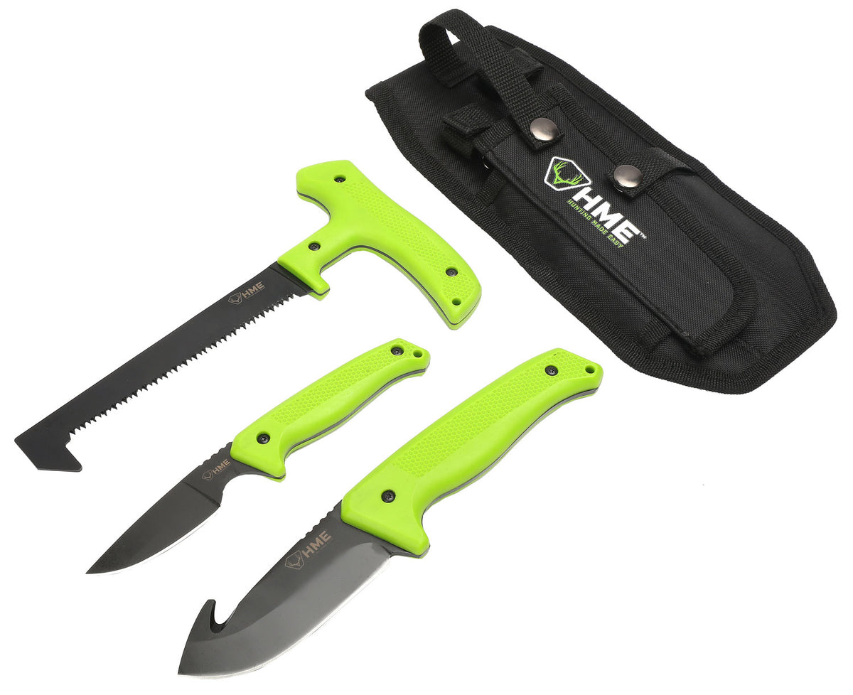 HME KN3PFK 3-Piece Field Kit Fixed 420HC Stainless Steel Black Oxide Thermoplastic Rubber Green 9.50" Gut Hook/8.75" Saw
