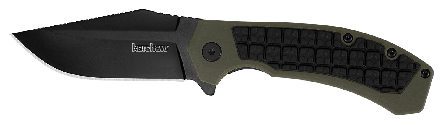 Kershaw 8760 Faultline  3" Folding Drop Point Plain Black Oxide 8Cr13MoV SS Blade Black/OD Green Glass-Filled Nylon Hand