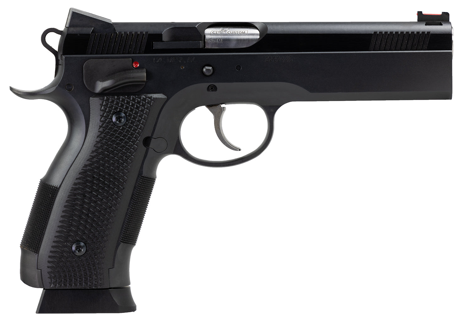 CZ-USA 91731 A01-LD  Full Size Frame 9mm Luger 19+1 4.93" Black Match Grade Bull Barrel, Blued Serrated Steel Slide, Blu