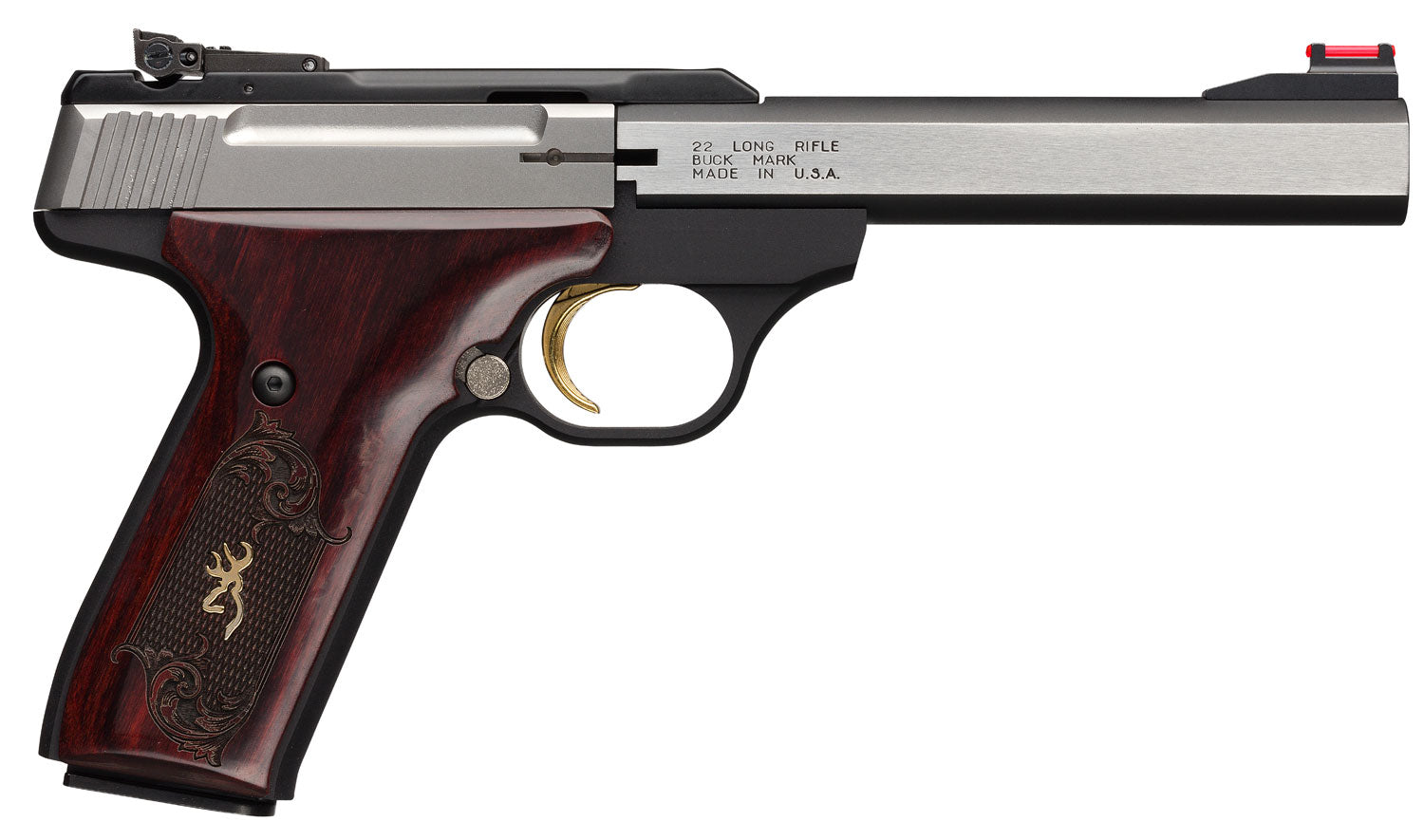 Browning 051543490 Buck Mark Medallion 22 LR 10+1 5.50" Blackened SS Slab Side Barrel, Stainless Steel Serrated SS Slide