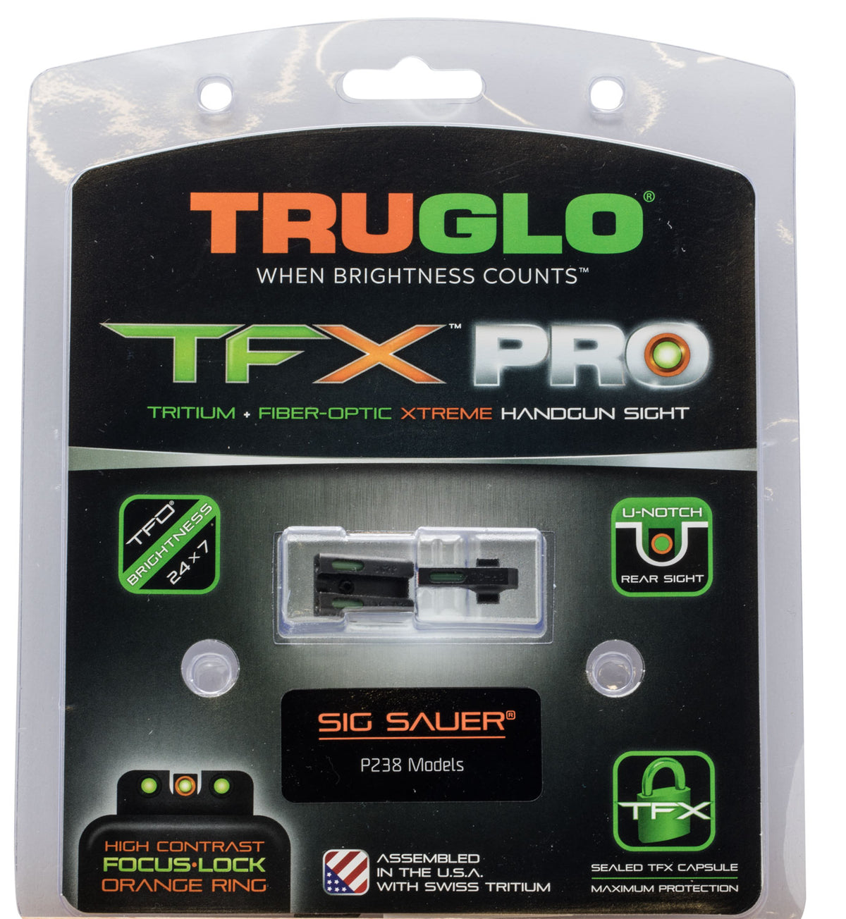TruGlo TG13SG3PC TFX Pro  Black | Green Tritium & Fiber Optic Orange Outline Front Sight Green Tritium & Fiber Optic Rea