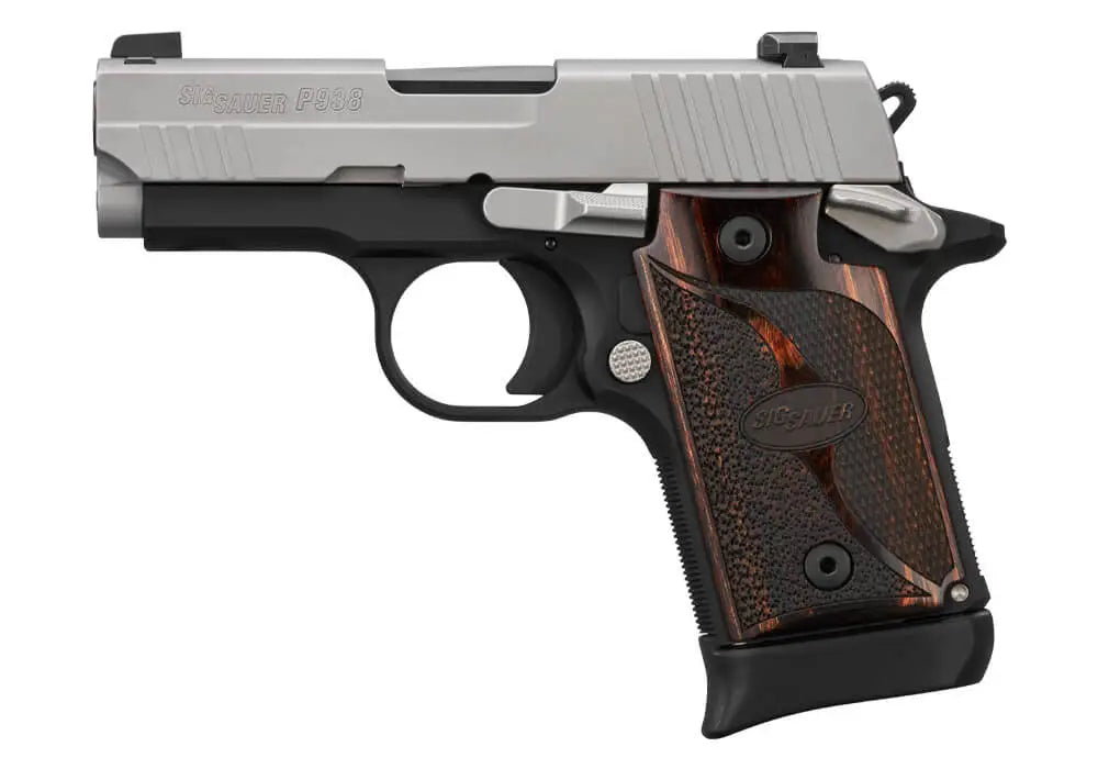 SIG SAUER P938 TWO TONE 9MM STS/BLK WALNUT GRIP 3" N.S. 1-6RD 1-7RD MAG