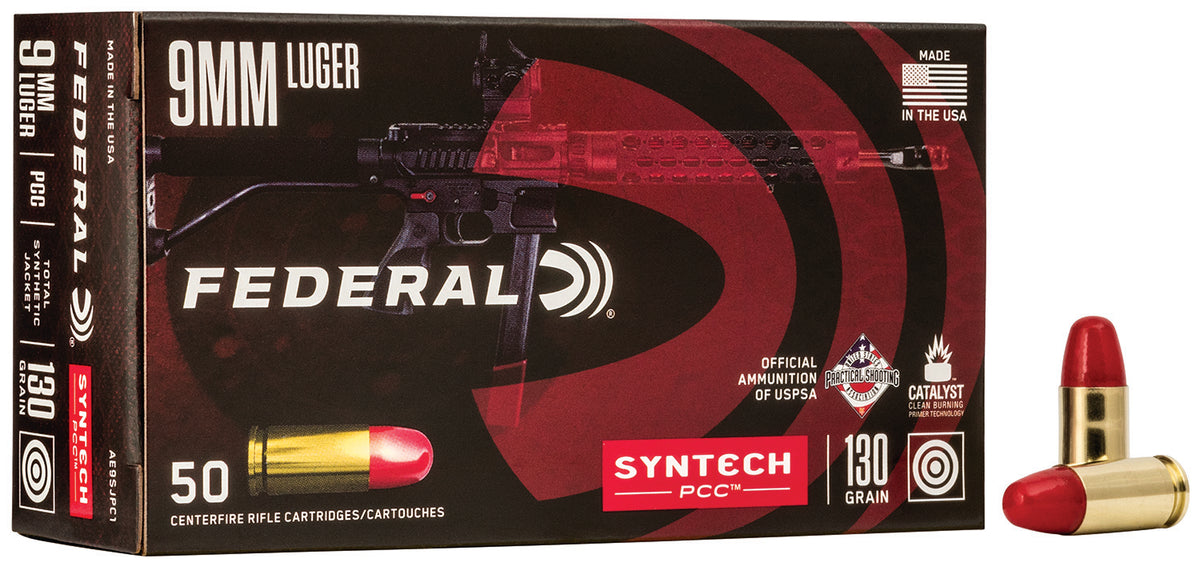 Federal AE9SJPC1 American Eagle Syntech PCC  9mmLuger 130gr Total Syntech Jacket Flat Nose 50 Per Box/10 Case