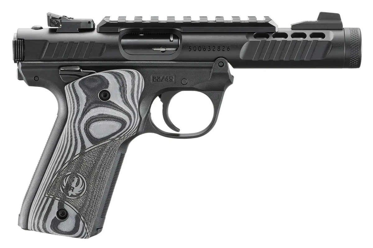 RUGER MRK IV 22/45 LITE 22LR 4.4" NON THREADED BLK ANODIZED, OVERSIZD HOGUE GRIP PLATES 2-10RD MAGS