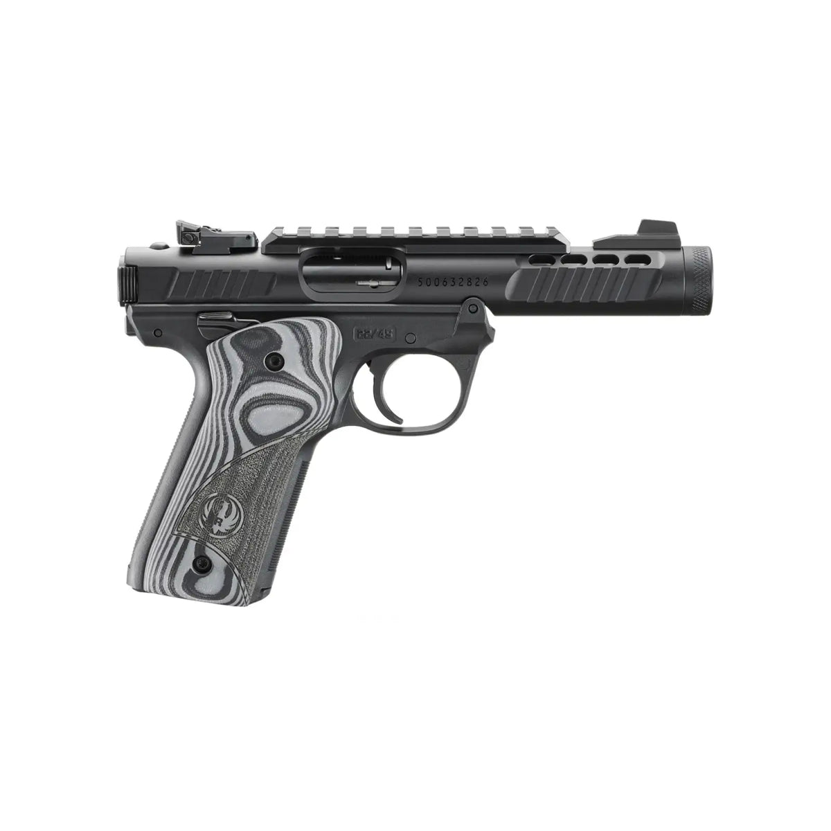 RUGER MRK IV 22/45 LITE 22LR 4.4" NON THREADED BLK ANODIZED, OVERSIZD HOGUE GRIP PLATES 2-10RD MAGS