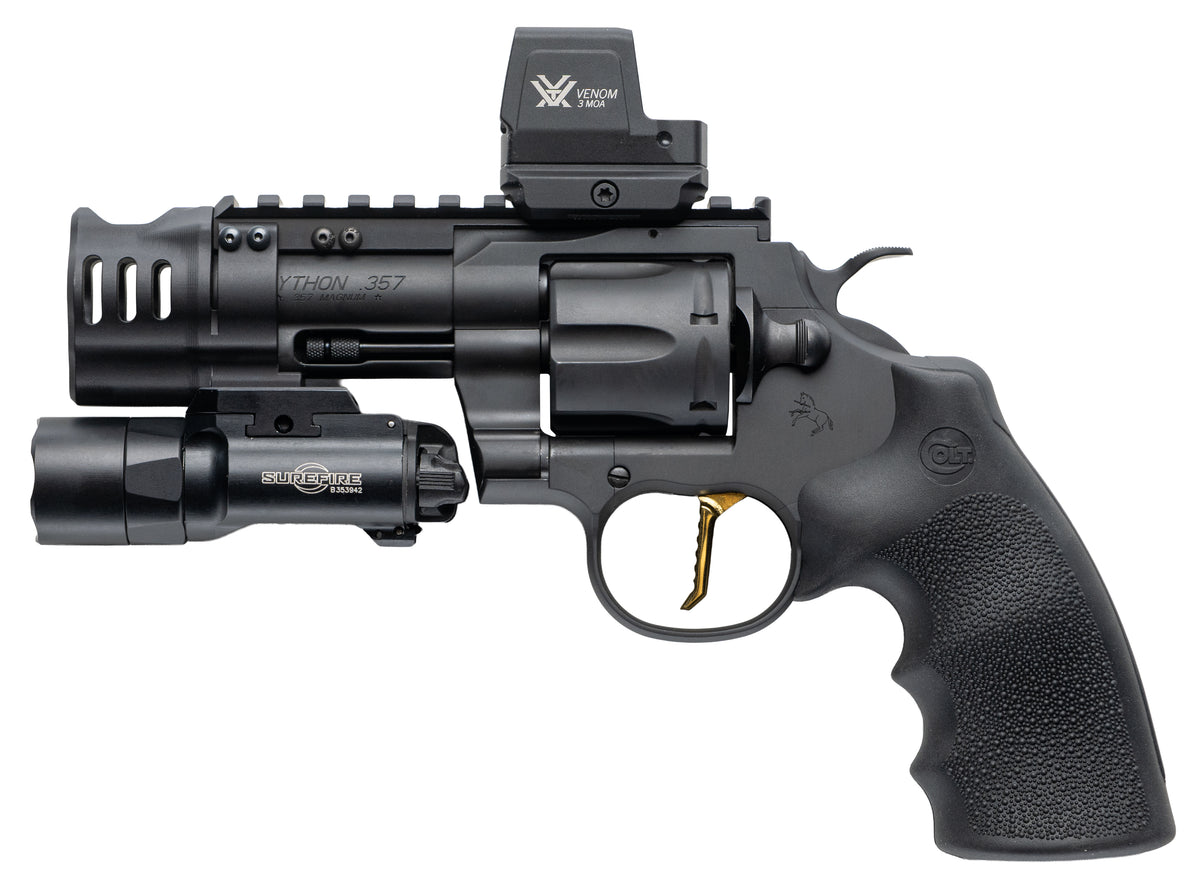 COLT PYTHON SIDEWINDER 357MAG REV 3" BLACK, HOGUE GRIP, VRTX VENOM, 24KT GOLD TRIGGER, SF X300, COMP