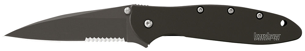 Kershaw 1660CKTST Leek  3" Folding Modified Drop Point Part Serrated Black DLC 14C28N Steel Blade Black DLC 410 Stainles