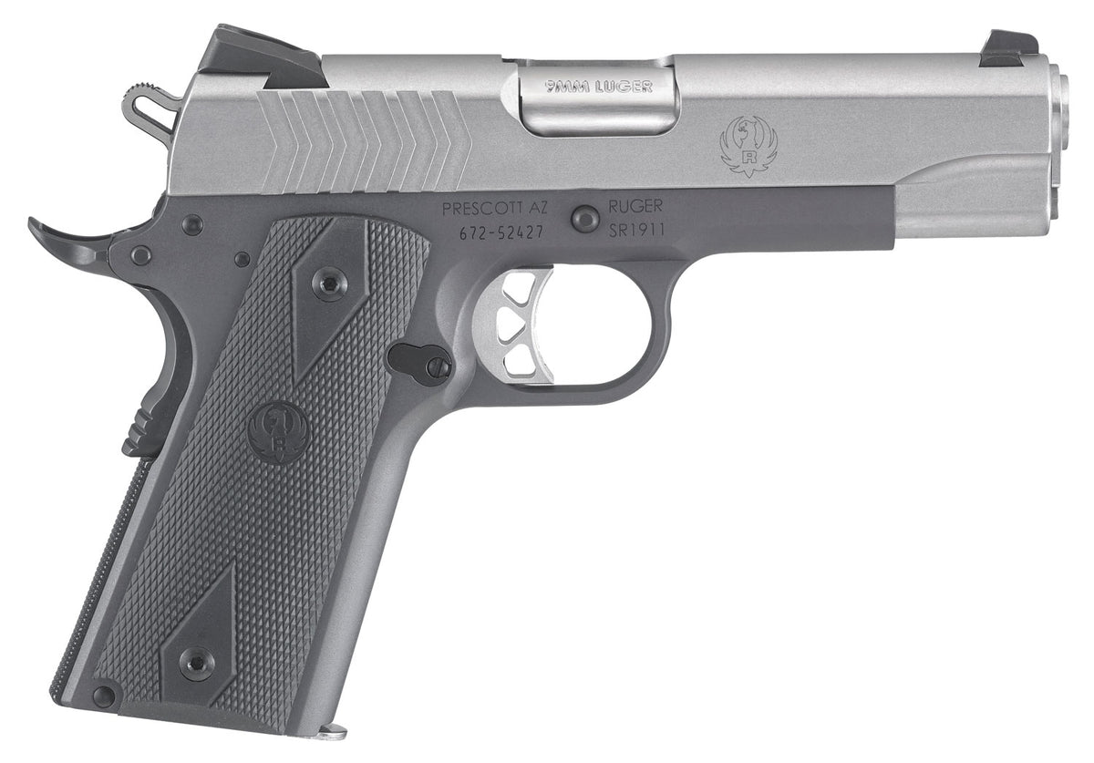 Ruger 6722 SR1911 Commander-Style 9mm Luger 9+1 4.25" Stainless Steel Barrel, Low-Glare Stainless Serrated Steel Slide, 