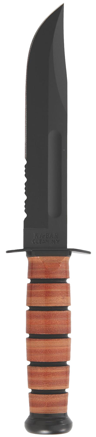 Ka-Bar 1218 USMC Fight/Utility 7" Fixed Clip Point Part Serrated Black 1095 Cro-Van Blade. Brown Leather Handle. Include