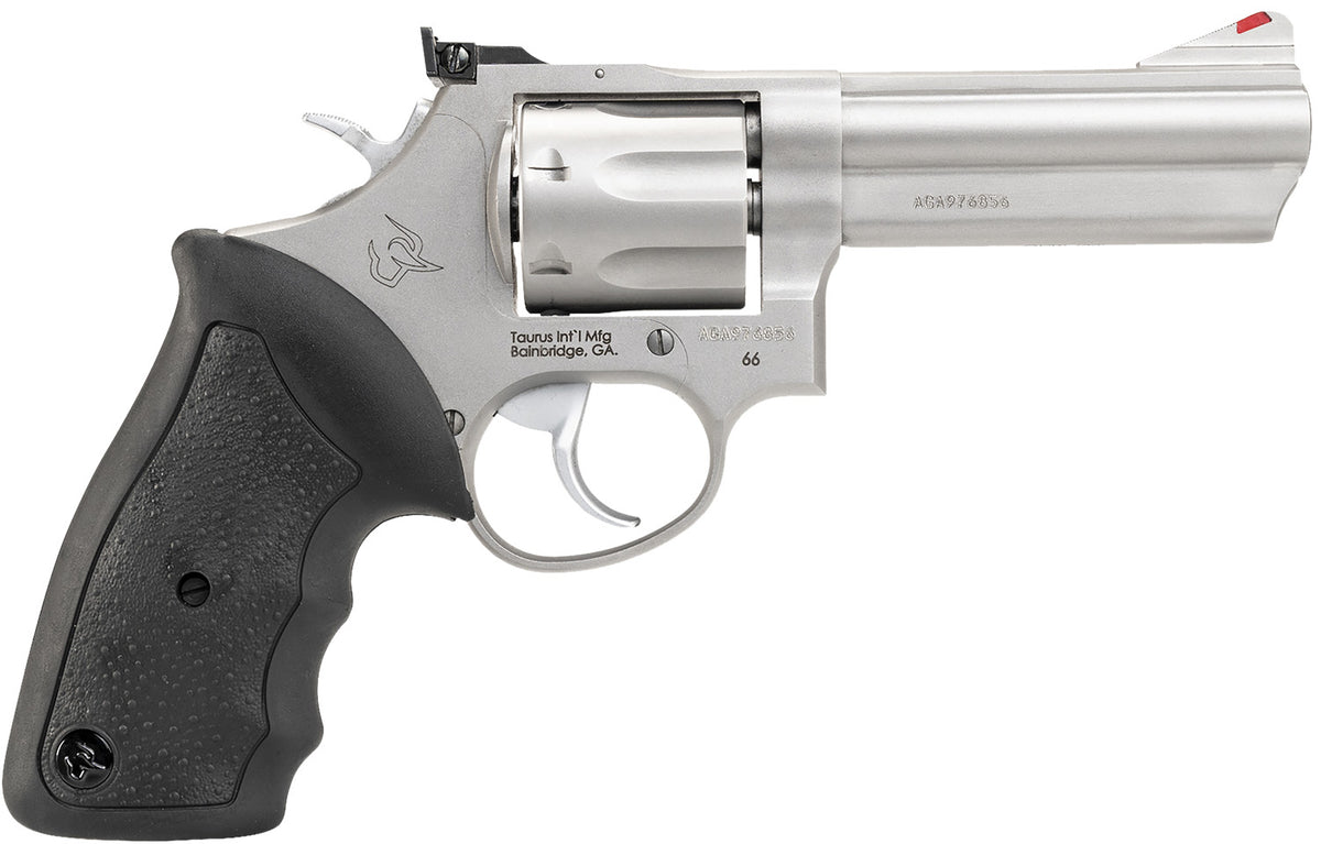 Taurus 2-660049 66  Medium 357 Mag/38 Special +P 7 Shot 4" Matte Stainless Steel Barrel, Cylinder & Frame, Black Finger 