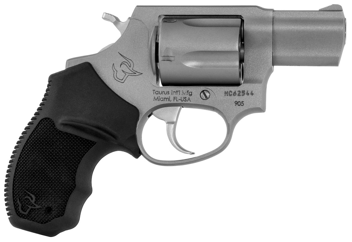 Taurus 2-905029 905  Small 9mm Luger 5 Shot 2" Matte Stainless Steel Barrel, Cylinder & Frame, Black Finger Grooved Rubb