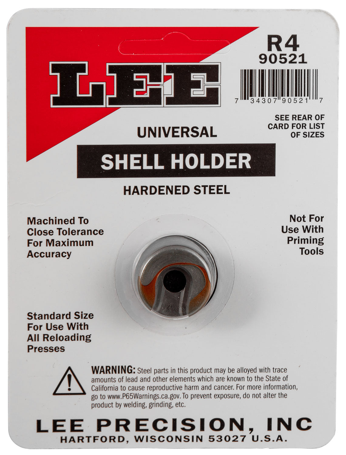 Lee Precision 90521 Shell Holder Universal Size #4R Steel Capacity 1 Casing Works With Standard Reloading Press Includes