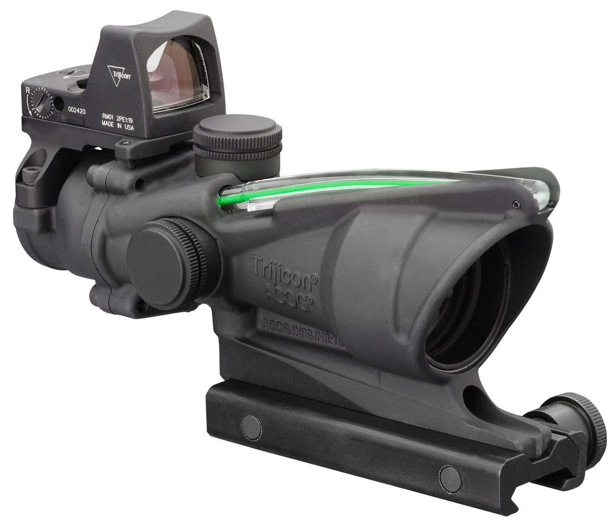 Trijicon 100552 ACOG Combo 4x 32mm Obj 36.80 ft @ 100 yds FOV Matte Black Finish Dual Illuminated Green Crosshair 223 Ba