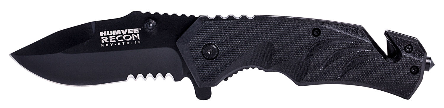 Humvee Adventure Gear HMVKTR15 Tactical Recon  3" Folding Drop Point Part Serrated Black Stainless Steel Blade/Black Tex