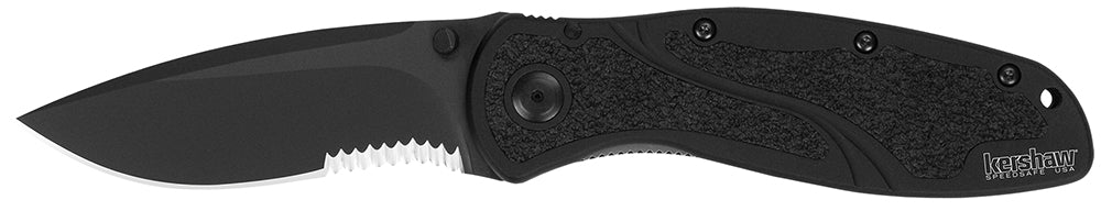 Kershaw 1670BLKST Blur  3.40" Folding Drop Point w/Recurve Part Serrated Black DLC 14C28N Steel Blade Black Anodized Alu