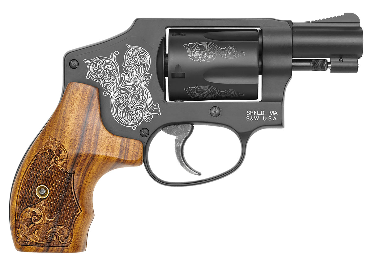 Smith & Wesson 150785 Model 442  38 S&W Spl +P 5 Shot 1.88" Engraved Black Carbon Steel Barrel/Cylinder, Engraved Black 
