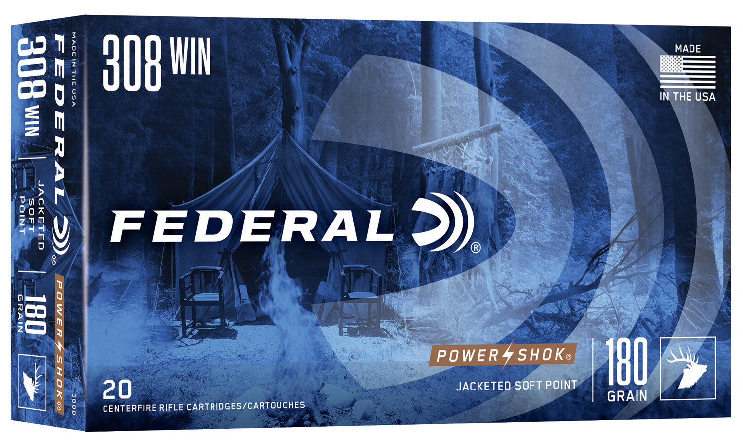 Federal 308B Power-Shok  308Win 180gr Jacketed Soft Point 20 Per Box/10 Case