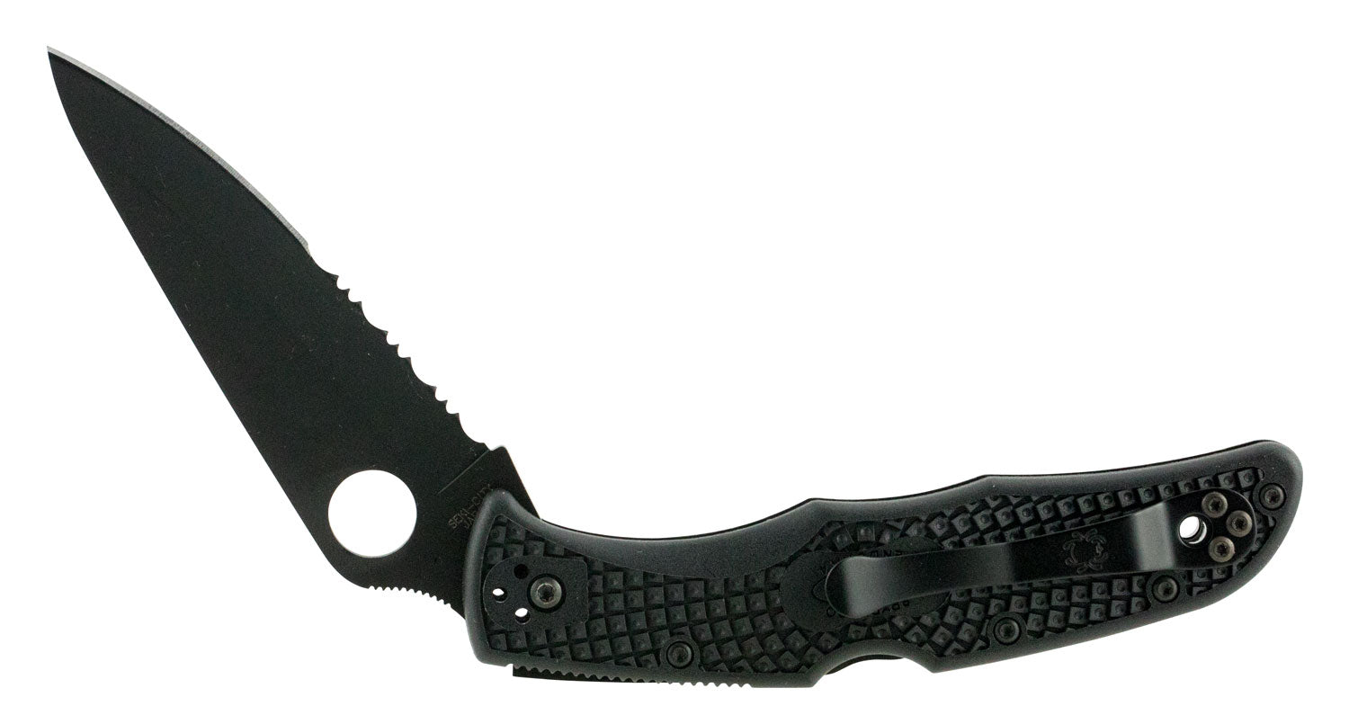 Spyderco C10PSBBK Endura 4 Lightweight 3.75" Folding Clip Point Part Serrated Black TiCN VG-10 SS Blade Black  Textured 
