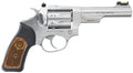 Ruger 5765 SP101  22 LR 8rd 4.20" Satin Stainless Steel Barrel, Cylinder & Frame, Black Rubber w/Wood Insert Grip, Trans