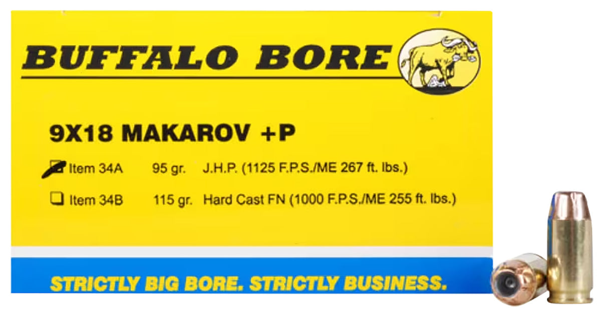 Buffalo Bore Ammunition 34A20 Personal Defense Strictly Business 9x18Makarov +P 95gr Jacket Hollow Point 20 Per Box/12 C