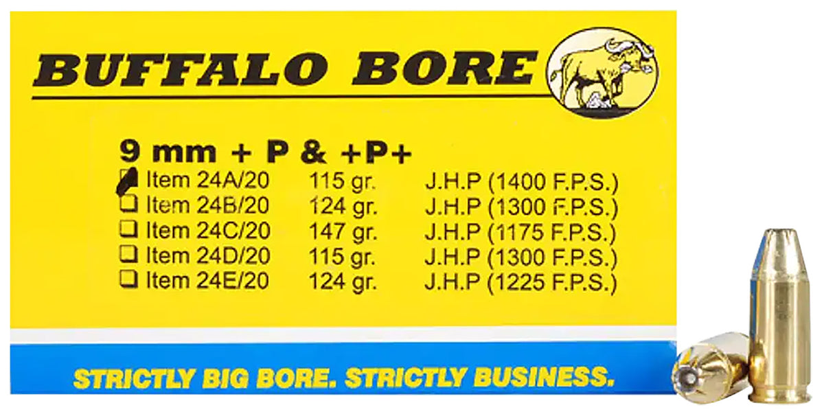 Buffalo Bore Ammunition 24A20 Personal Defense Strictly Business 9mmLuger +P+ 115gr Jacket Hollow Point 20 Per Box/12 Ca