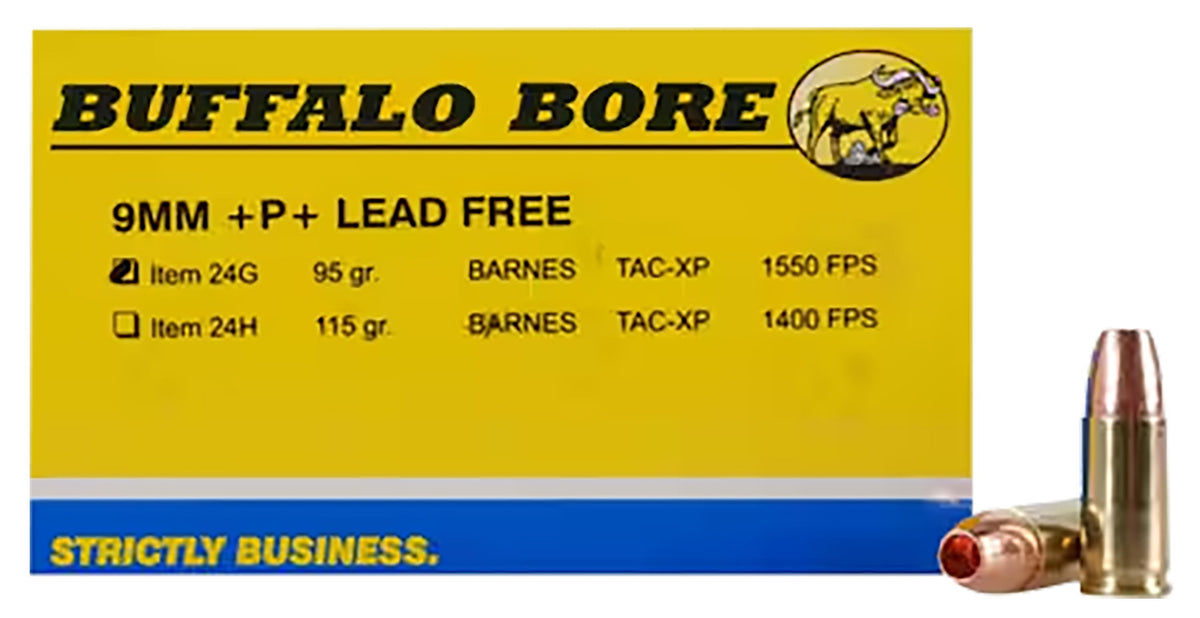 Buffalo Bore Ammunition 24G20 Buffalo-Barnes Strictly Business 9mmLuger +P+ 95gr Barnes TAC-XP Lead Free 20 Per Box/12 C