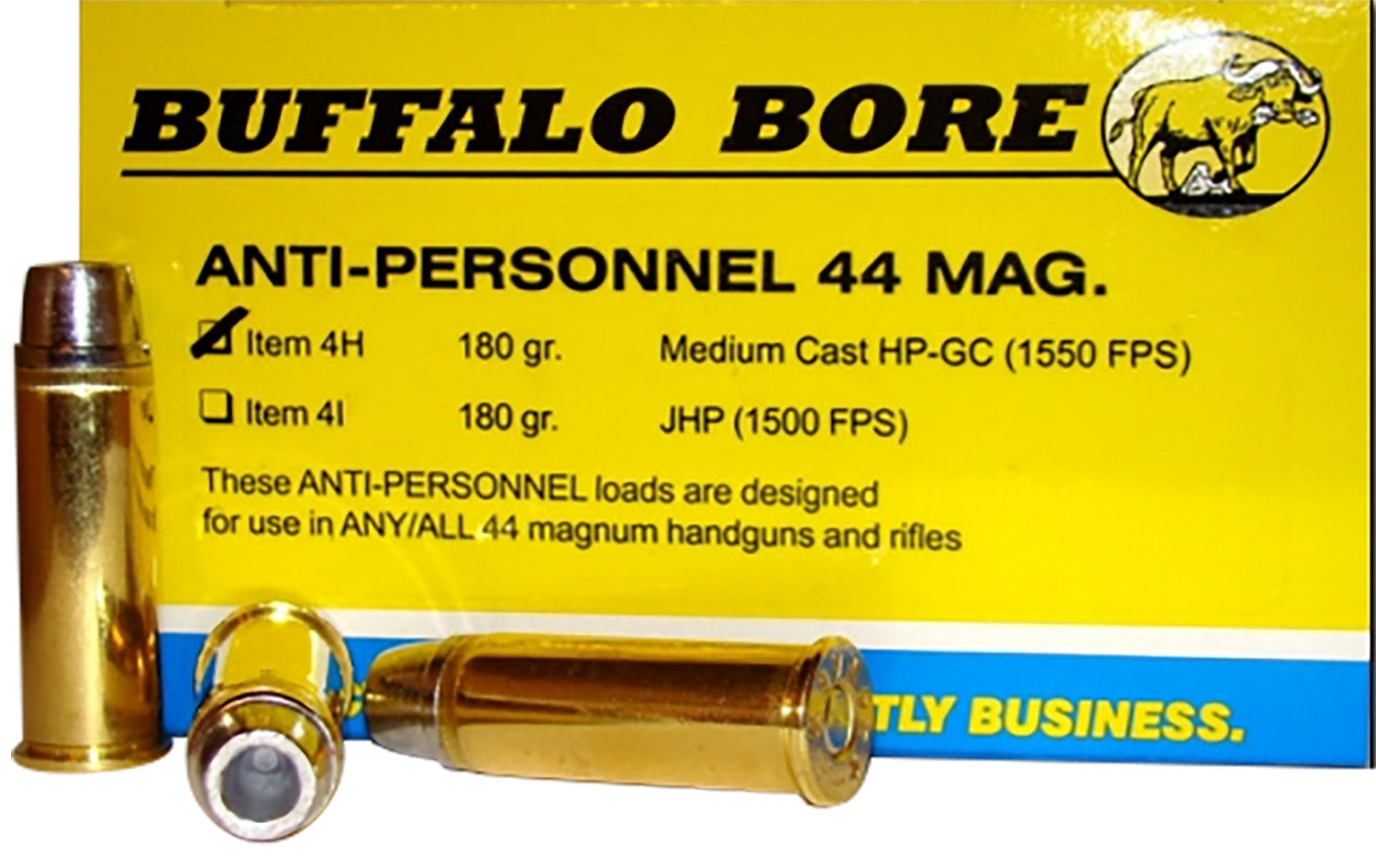 Buffalo Bore Ammunition 4H20 Anti-Personnel Strictly Business 44Rem Mag 180gr Medium Cast Hollow Point 20 Per Box/12 Cas