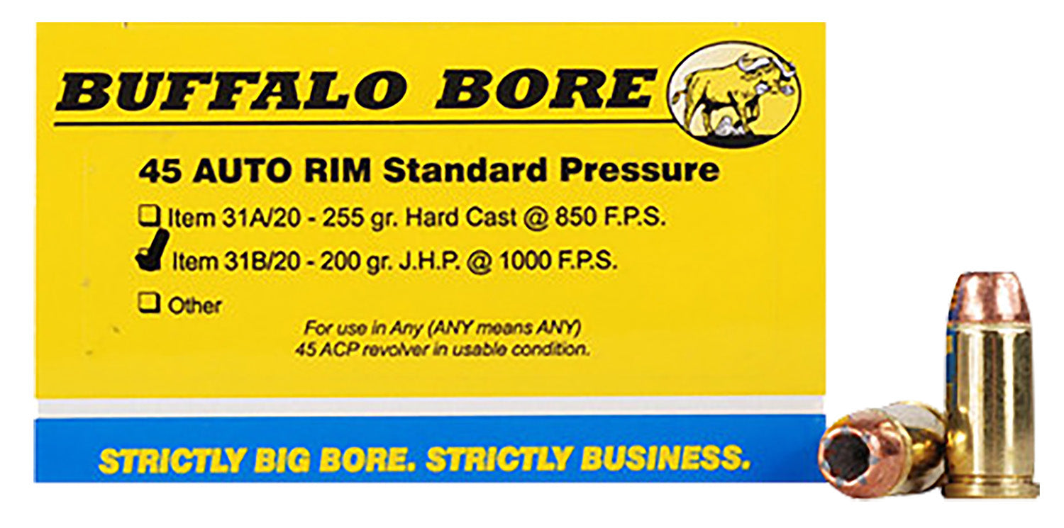 Buffalo Bore Ammunition 31B20 Standard Pressure Strictly Business 45Auto Rim 200gr Jacket Hollow Point 20 Per Box/12 Cas