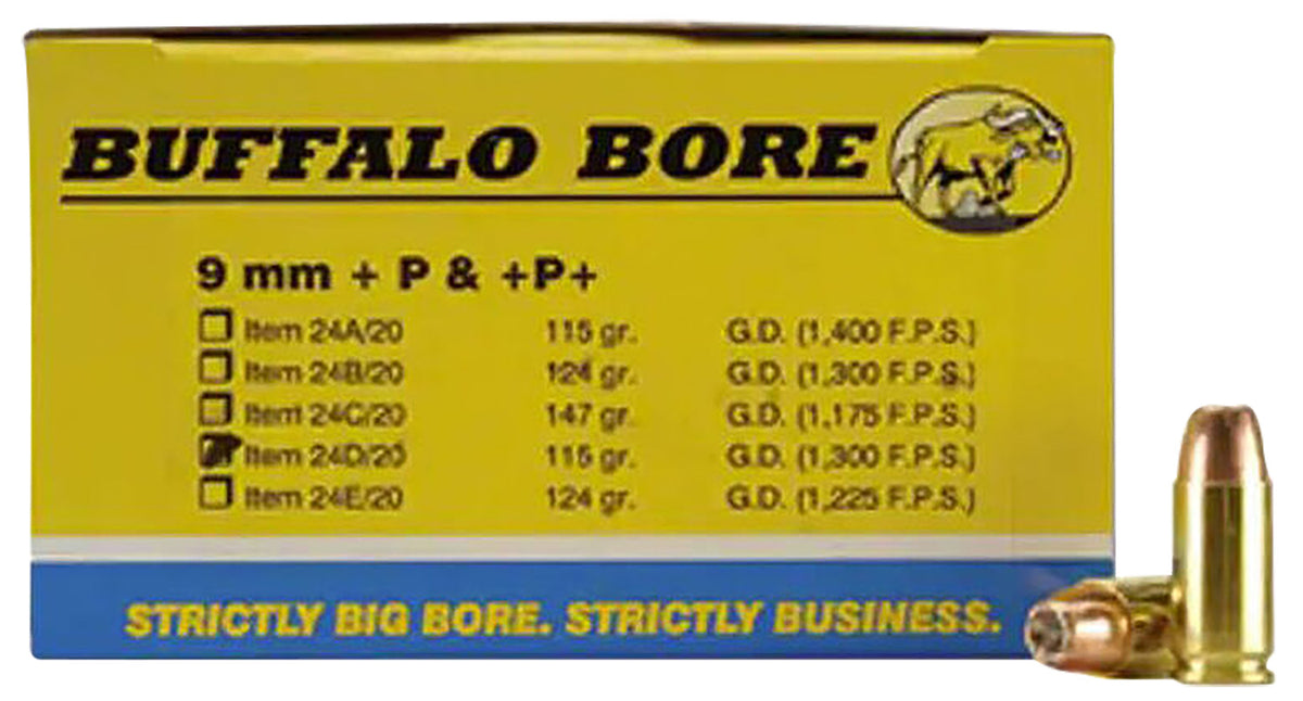 Buffalo Bore Ammunition 24D20 Personal Defense Strictly Business 9mmLuger +P 115gr Jacket Hollow Point 20 Per Box/12 Cas