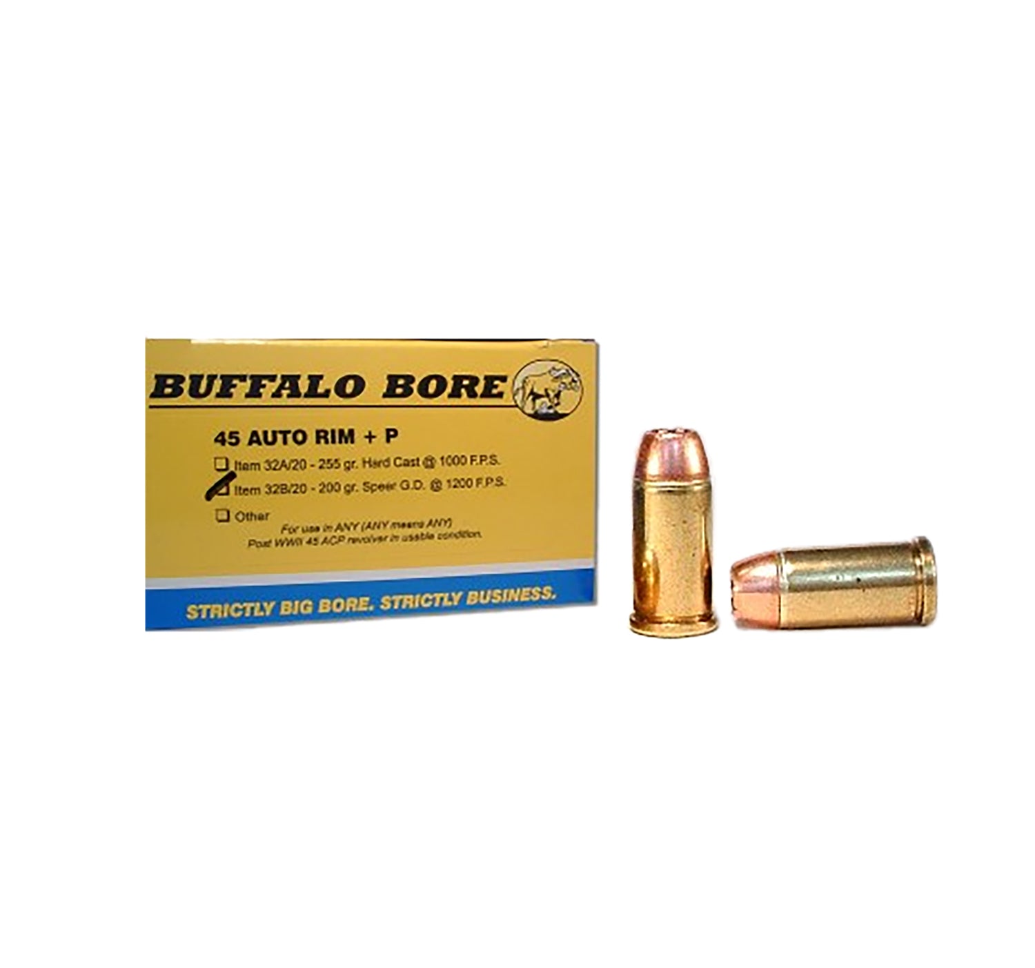 Buffalo Bore Ammunition 32B20 Personal Defense Strictly Business 45Auto Rim +P 200gr Jacket Hollow Point 20 Per Box/12 C