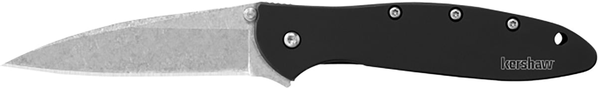 Kershaw 1660SWBLK Leek  3" Folding Drop Point Plain Stonewashed 14C28N Steel Blade Black Anodized Aluminum Handle Includ