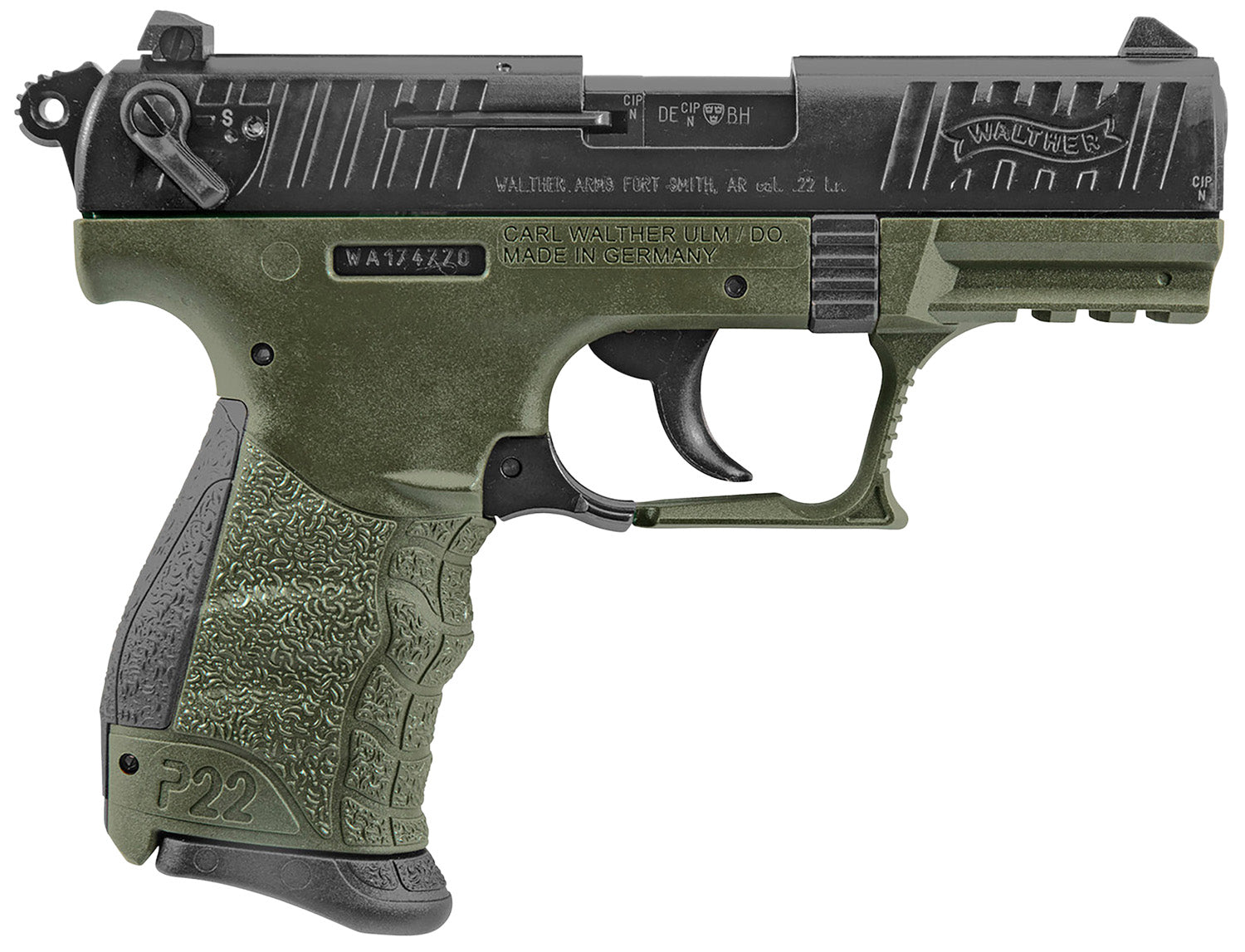 Walther Arms 5120338 P22 Military *CA Compliant 22 LR 10+1 3.42" Matte Black Tenifer Serrated/Steel Slide, OD Green Poly