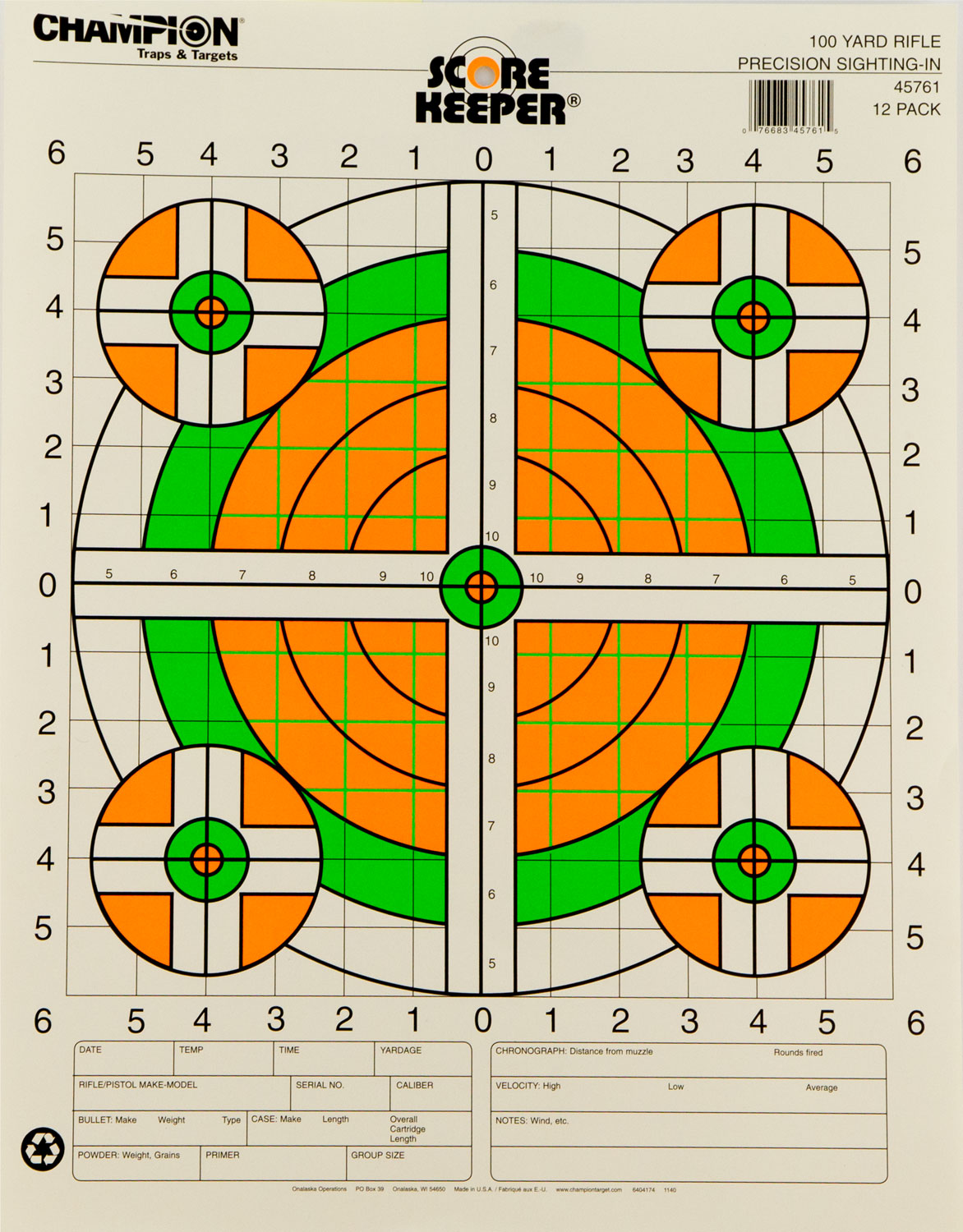 Champion Targets 45761 Score Keeper  Bullseye Paper Hanging 100 yds Rifle 14" x 18" Green/Orange 12 PK