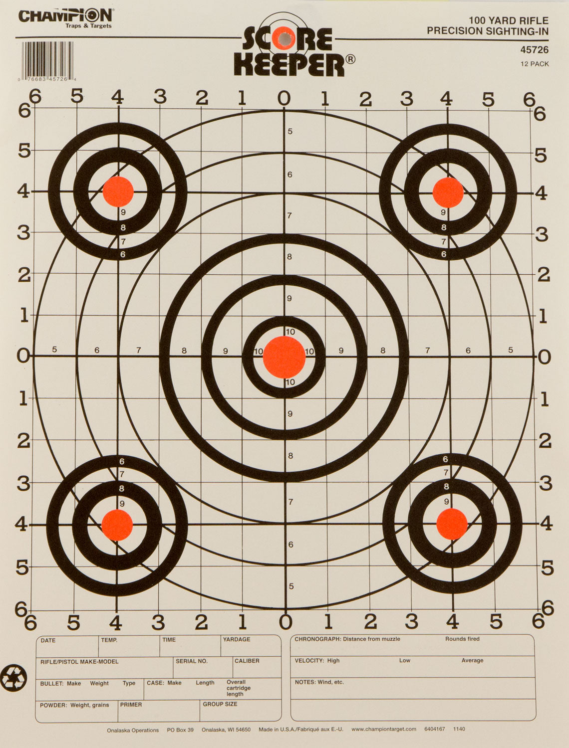 Champion Targets 45726 Score Keeper  Bullseye Paper Hanging 100 yds Pistol/Rifle 14" x 18" Multi-Color 12 PK