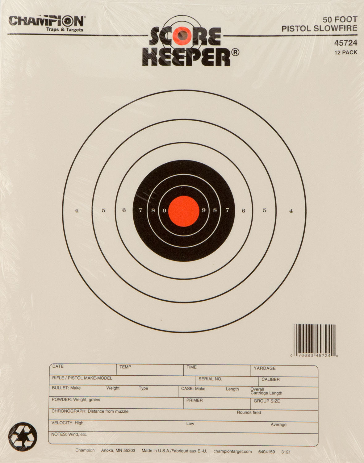 Champion Targets 45724 Score Keeper Slow Fire Bullseye Paper Hanging 50 foot Pistol 11" x 16" Black/Orange 12 PK