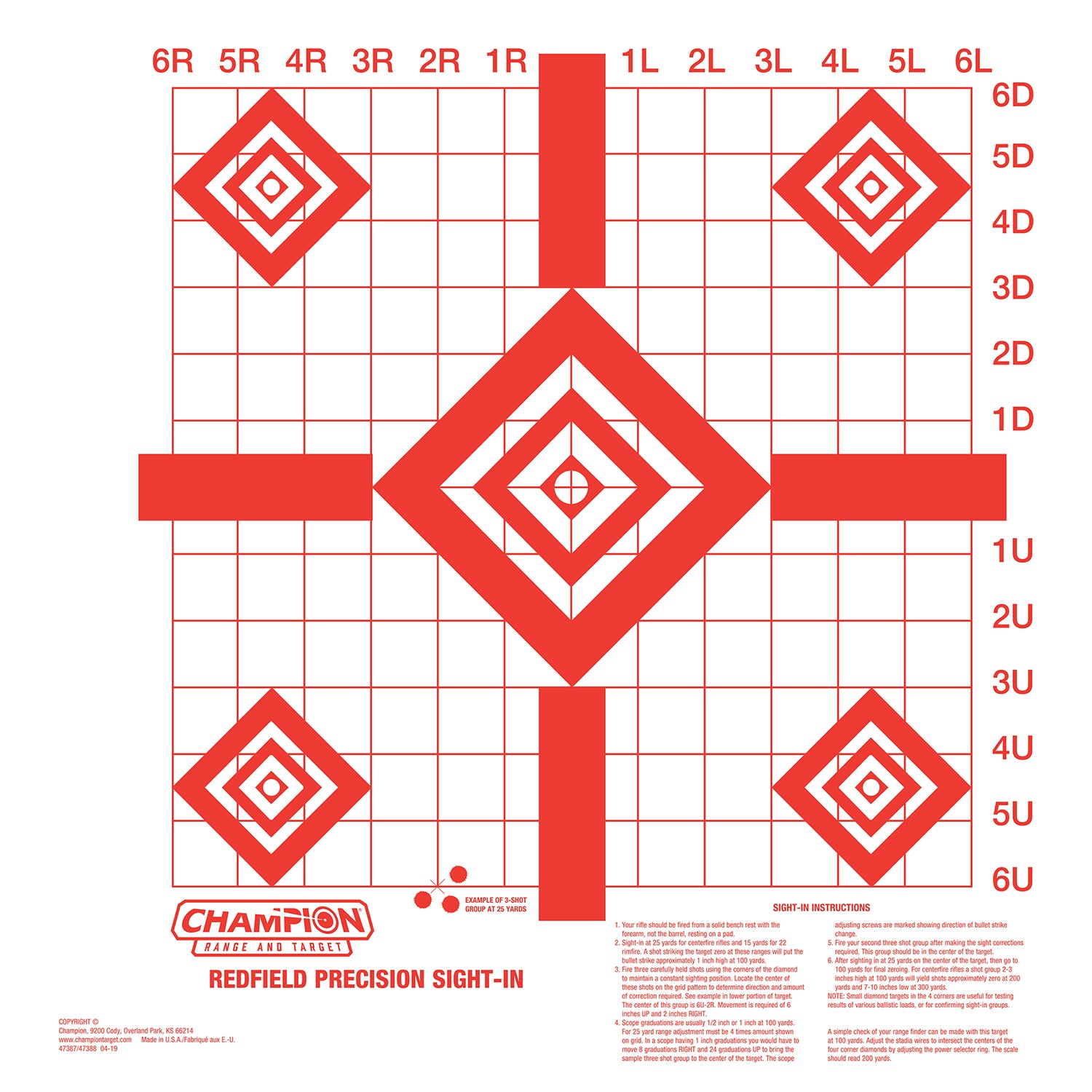 Champion Targets 47388 Redfield Sight-In Diamond Paper Pistol/Rifle 16" x 16" White/Red 10 Pk.