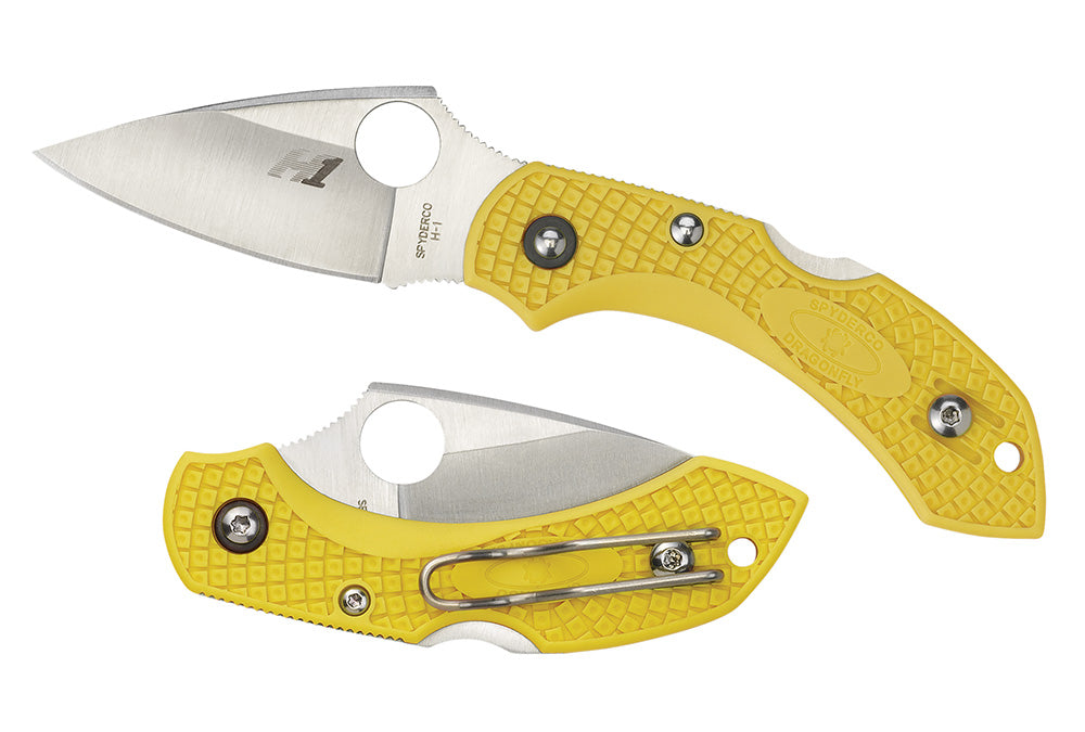 Spyderco C28SYL2 Dragonfly 2 Salt 2.25" Folding Clip Point Serrated H1 Steel Blade Yellow Bi-Directional Texturing FRN H