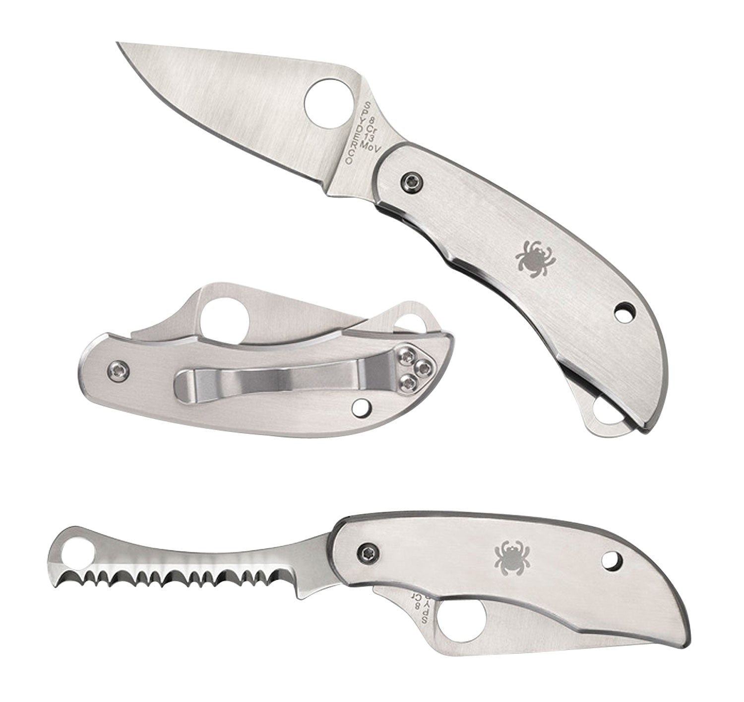 Spyderco C176P&S Clipitool  Silver Stainless Steel Folding 8Cr13MoV SS 4.57"/4.59" Long Part Serrated Blade Stainless St