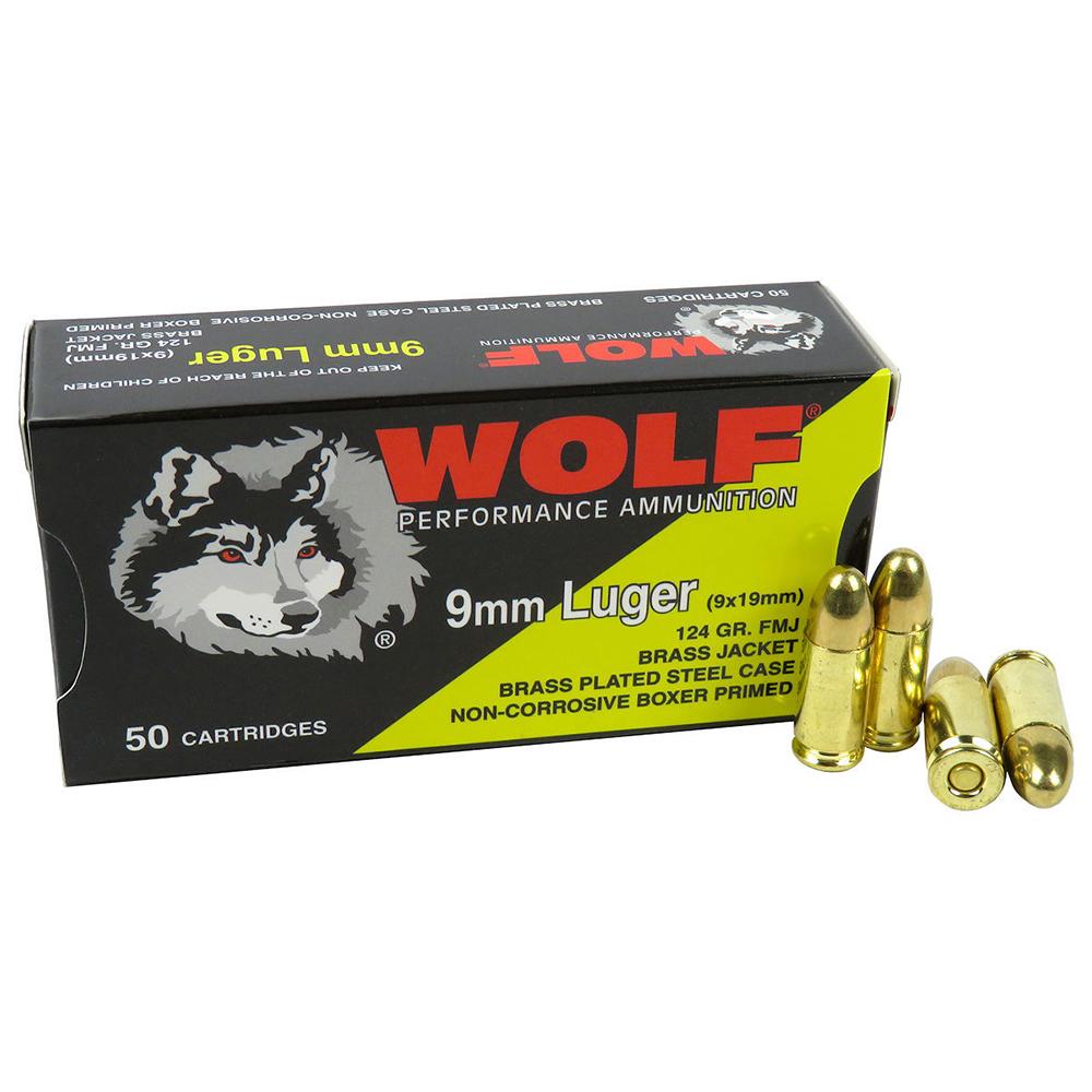 Wolf Performance 9mm 124gr FMJ Brass Plated Steel Case 50/RD