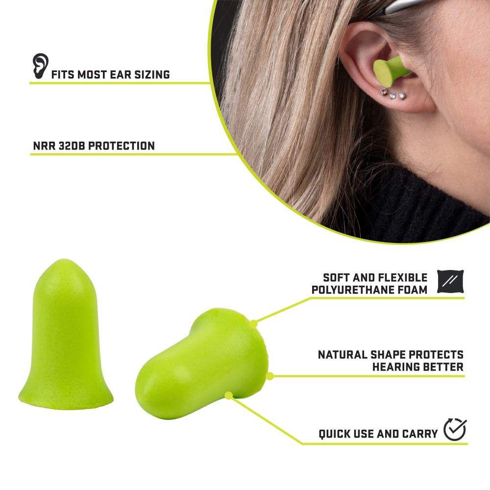 UltrX Tapered Foam Ear Plugs - 25 Pairs Jar - Lime