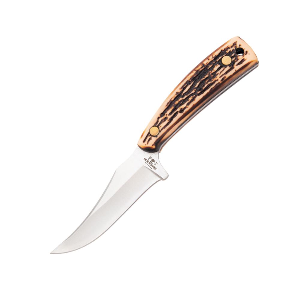 Bear & Son 7 1/4'' STAG DELRIN UPSWEPT SKINNER WITH LEATHER SHEATH