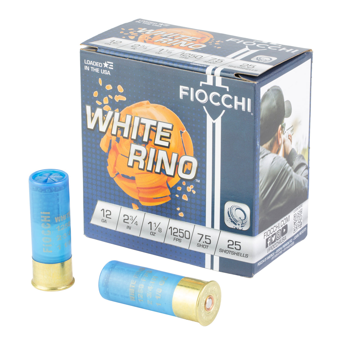 Fiocchi Ammunition White Rino, 12 Gauge, 2.75", #7.5 Lead Shot, 25 Round Box