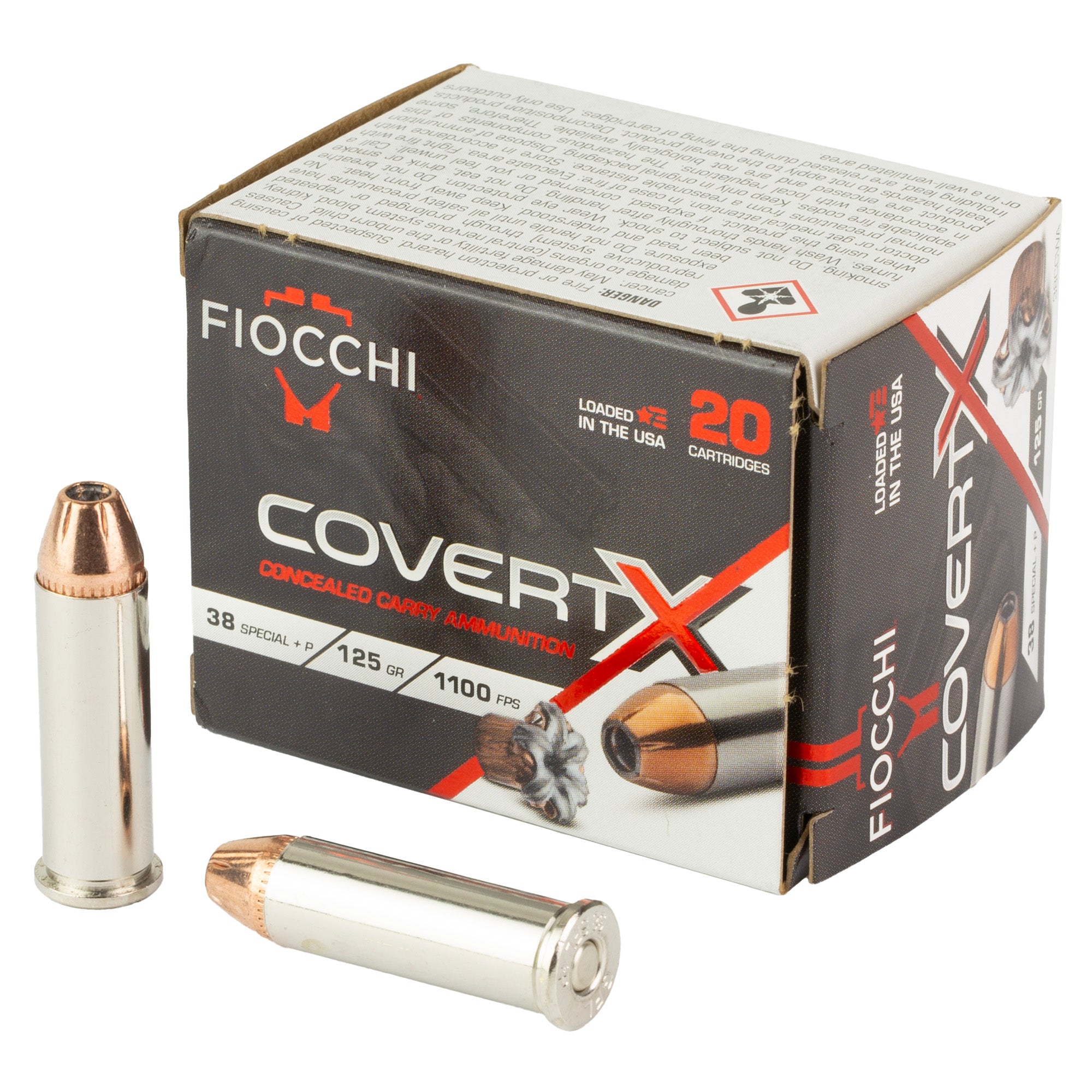 Fiocchi Ammunition COVERT X, 38 Special +P, 125 Grain, Jacketed Hollow Point, 20 Round Box