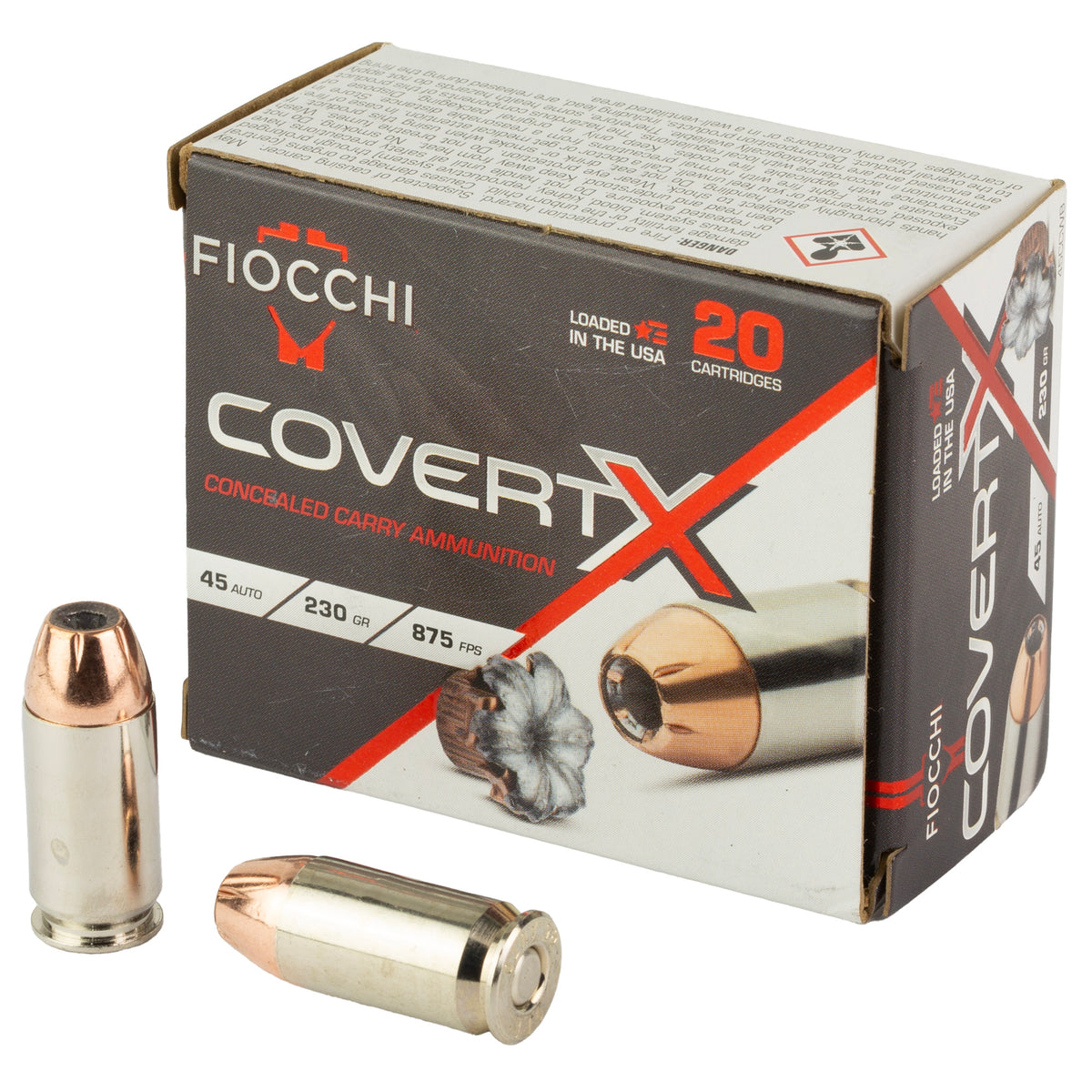 Fiocchi Ammunition COVERT X, 45 ACP, 230 Grain, Jacketed Hollow Point, 20 Round Box