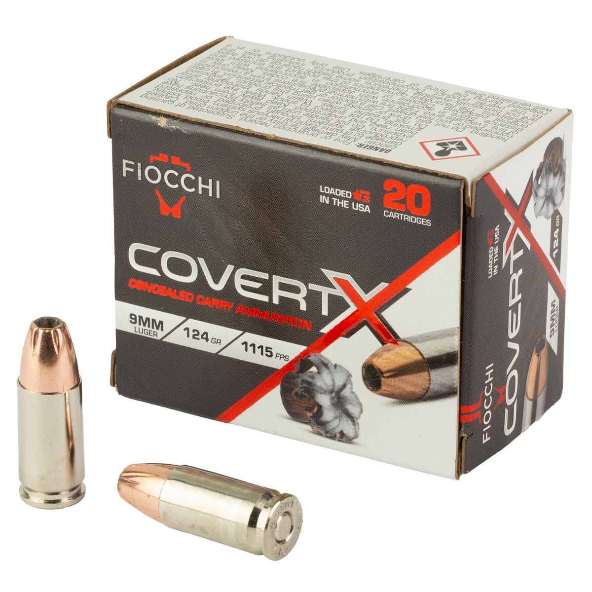 Fiocchi Ammunition COVERT X, 9MM, 124 Grain, Jacketed Hollow Point, 20 Round Box