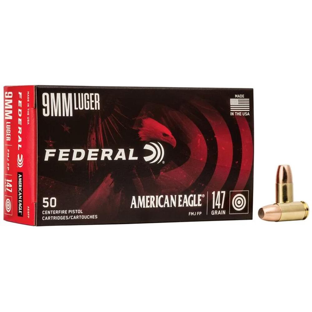 FEDERAL 9MM LUGER 147GR FULL METAL JACKET FLAT POINT AMMO 50RD