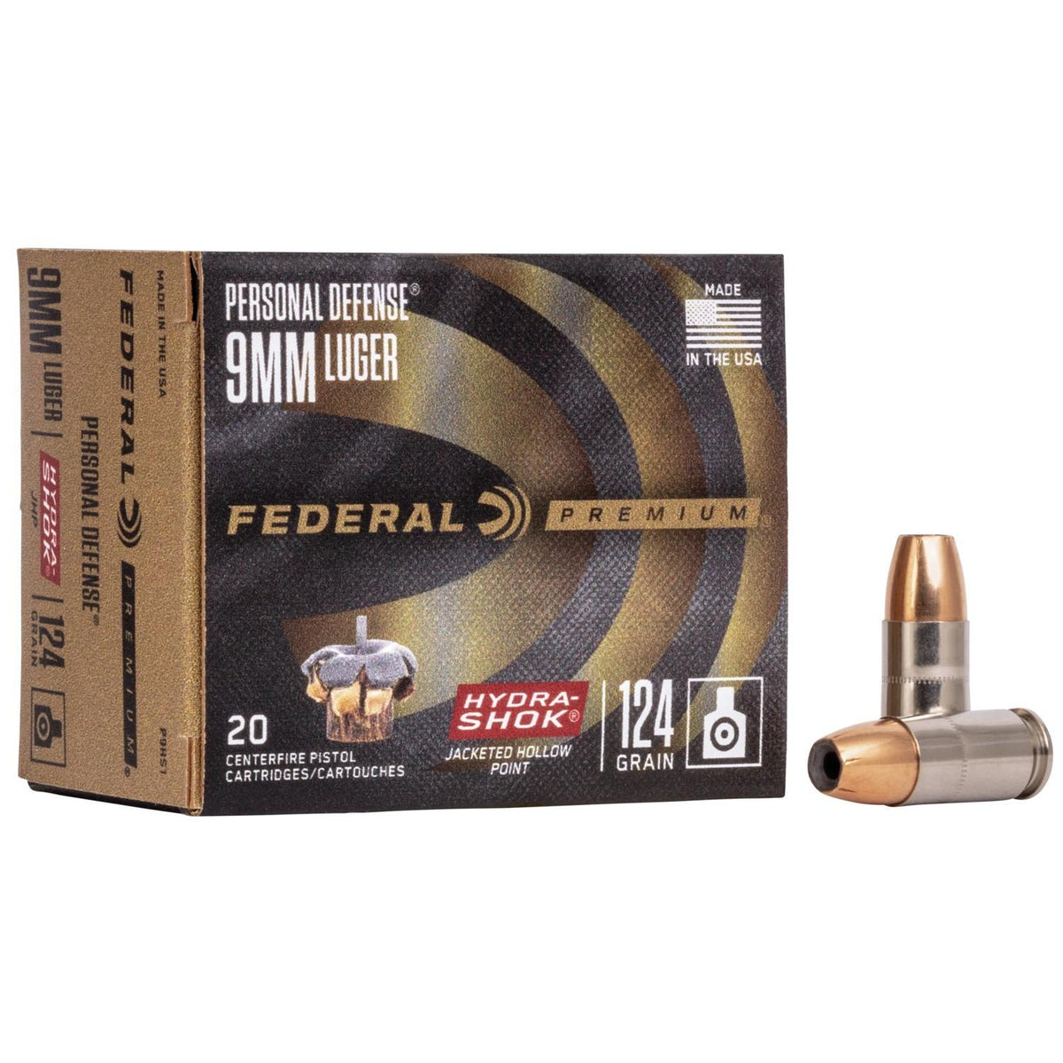 FEDERAL 9MM LUGER 124GR HYDRA-SHOK JHP PERSONAL DEFENSE AMMO 20RD