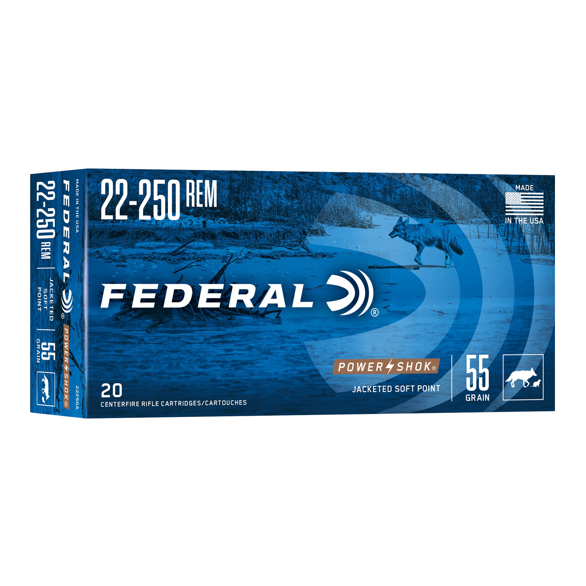 Federal PowerShok, 22-250, 55 Grain, Soft Point, 20 Round Box