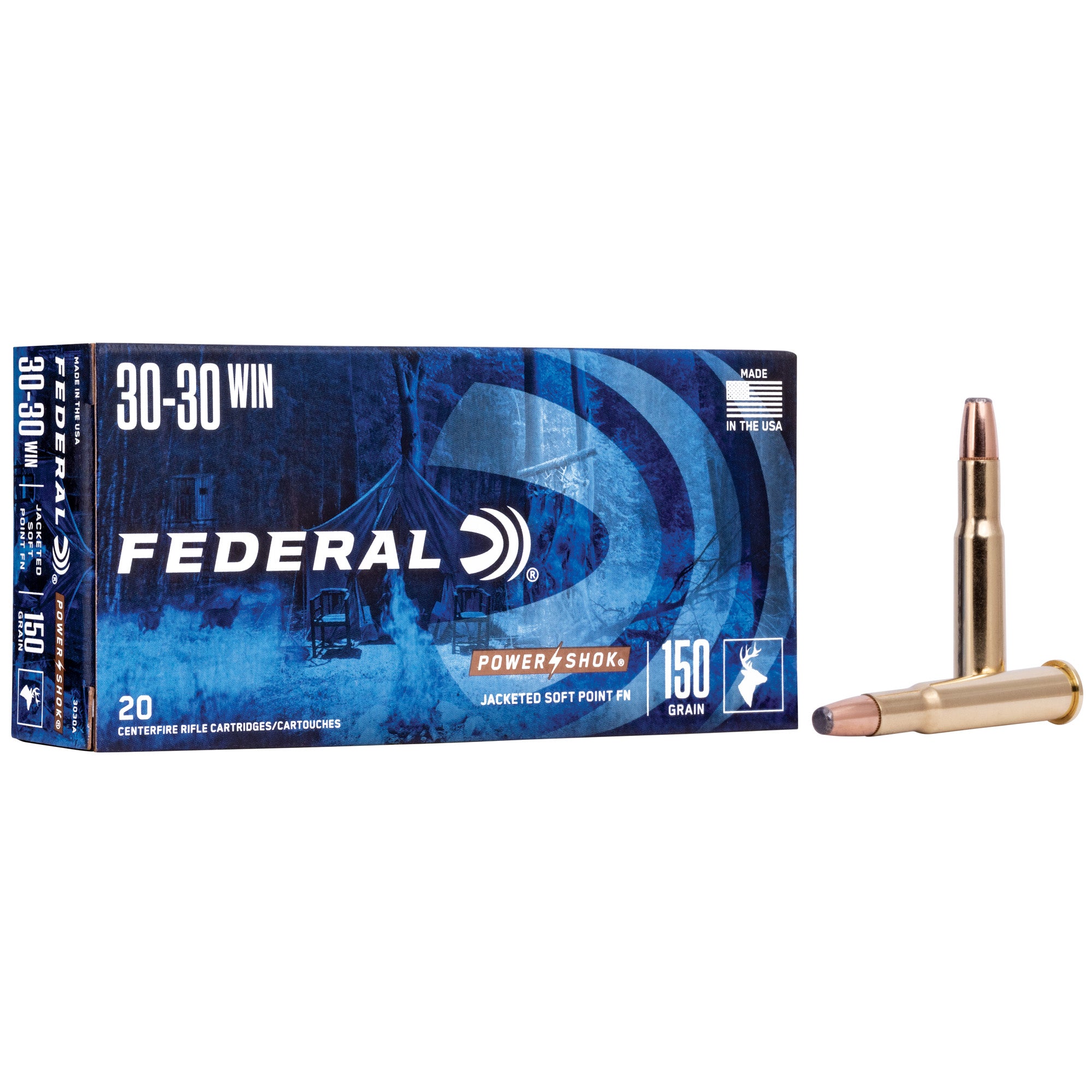 Federal PowerShok, 30-30, 150 Grain, Jacketed Soft Point Flat Nose, 20 Round Box